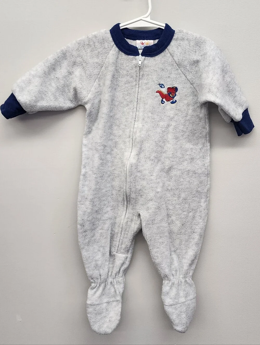 Vintage Carter’s Baby 6-12M Gray Fleece Footed Sleeper Football Dinosaur